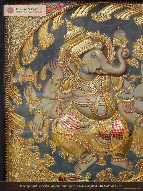 Dancing Lord Ganesha Tanjore Painting with Hand-applied 24K Gold and Traditional Colours