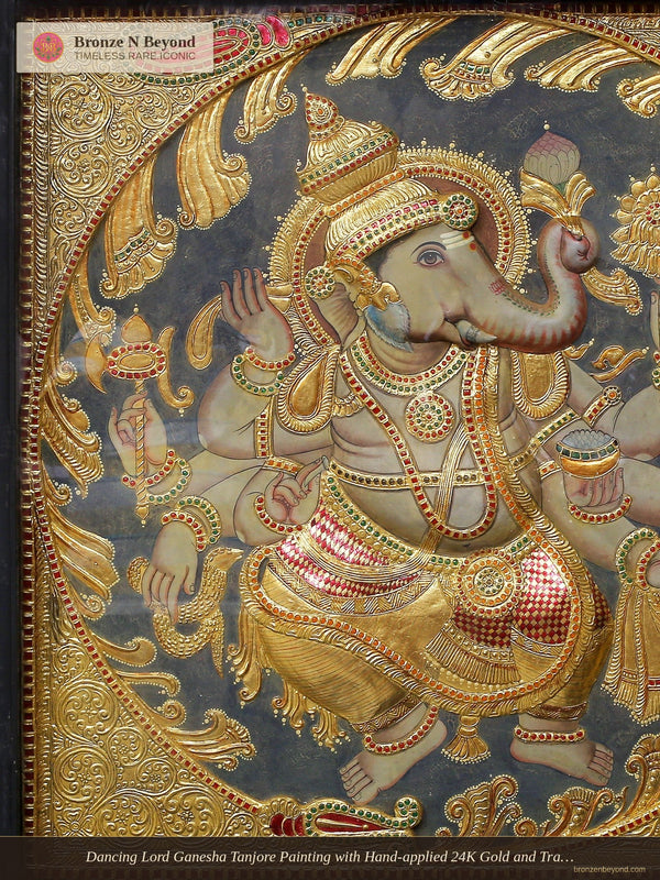 Dancing Lord Ganesha Tanjore Painting with Hand-applied 24K Gold and Traditional Colours