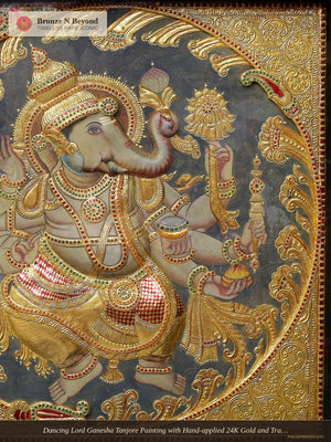 Dancing Lord Ganesha Tanjore Painting with Hand-applied 24K Gold and Traditional Colours