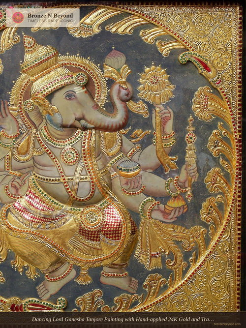 Dancing Lord Ganesha Tanjore Painting with Hand-applied 24K Gold and Traditional Colours