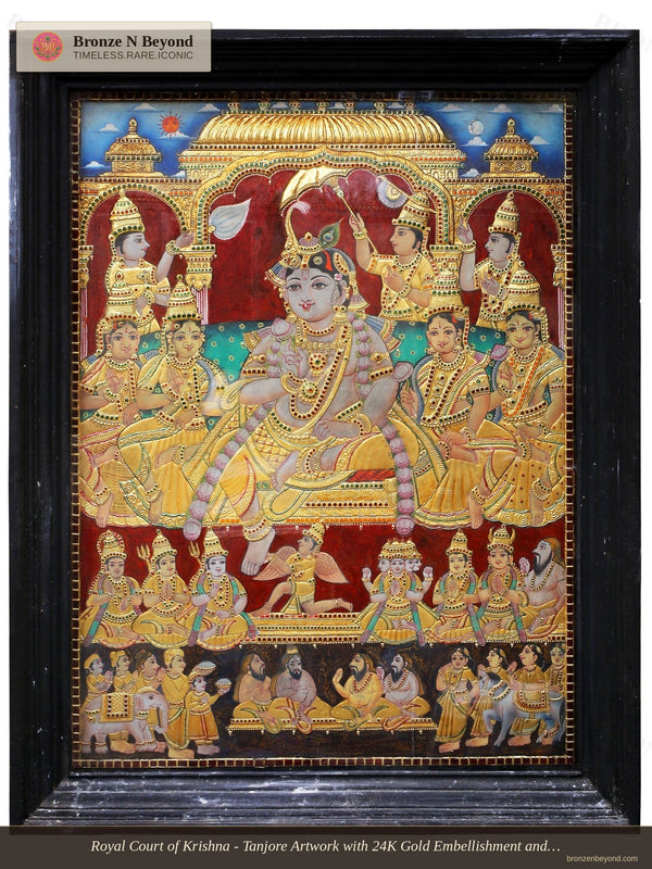 Royal Court of Krishna - Tanjore Artwork with 24K Gold Embellishment and Classic Colours