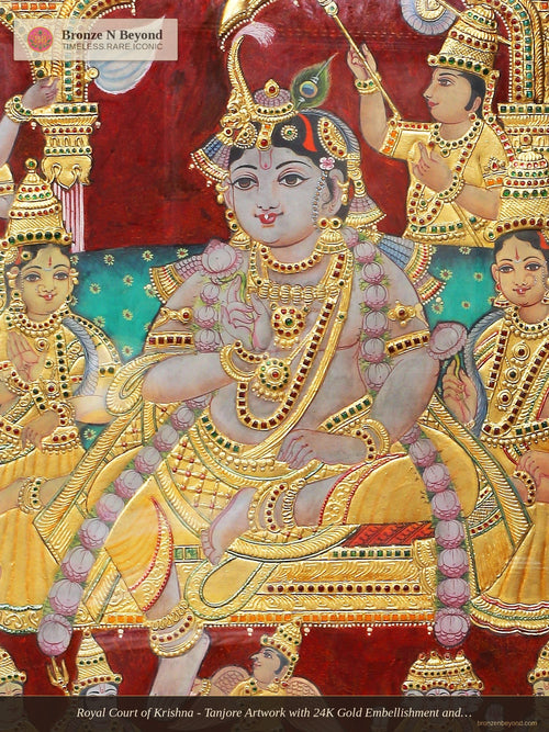 Royal Court of Krishna - Tanjore Artwork with 24K Gold Embellishment and Classic Colours