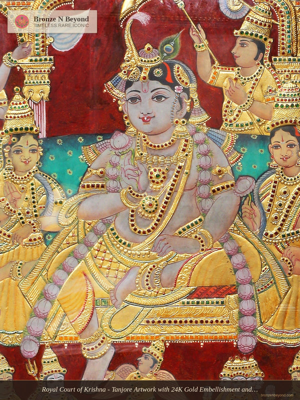 Royal Court of Krishna - Tanjore Artwork with 24K Gold Embellishment and Classic Colours