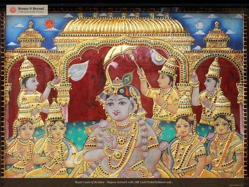 Royal Court of Krishna - Tanjore Artwork with 24K Gold Embellishment and Classic Colours