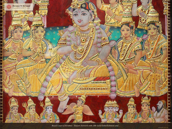 Royal Court of Krishna - Tanjore Artwork with 24K Gold Embellishment and Classic Colours