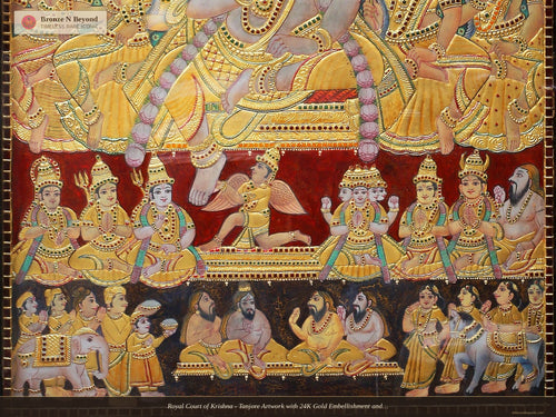 Royal Court of Krishna - Tanjore Artwork with 24K Gold Embellishment and Classic Colours