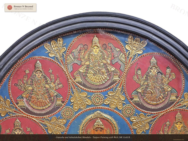 Ganesha and Ashtalakshmi Mandala - Tanjore Painting with Rich 24K Gold Relief