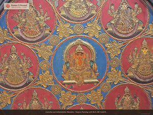 Ganesha and Ashtalakshmi Mandala - Tanjore Painting with Rich 24K Gold Relief
