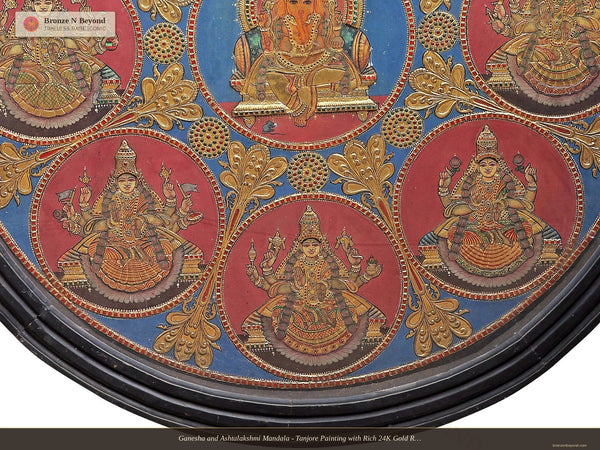 Ganesha and Ashtalakshmi Mandala - Tanjore Painting with Rich 24K Gold Relief