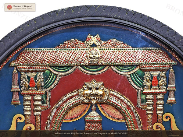 Goddess Lakshmi (Gajalakshmi Form) - Round Tanjore Artwork with 24K Gold Embellishment&nbsp;