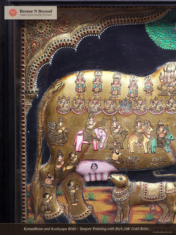 Kamadhenu and Kashyapa Rishi - Tanjore Painting with Rich 24K Gold Relief and Classic Colours