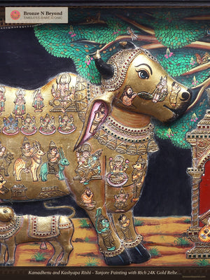 Kamadhenu and Kashyapa Rishi - Tanjore Painting with Rich 24K Gold Relief and Classic Colours
