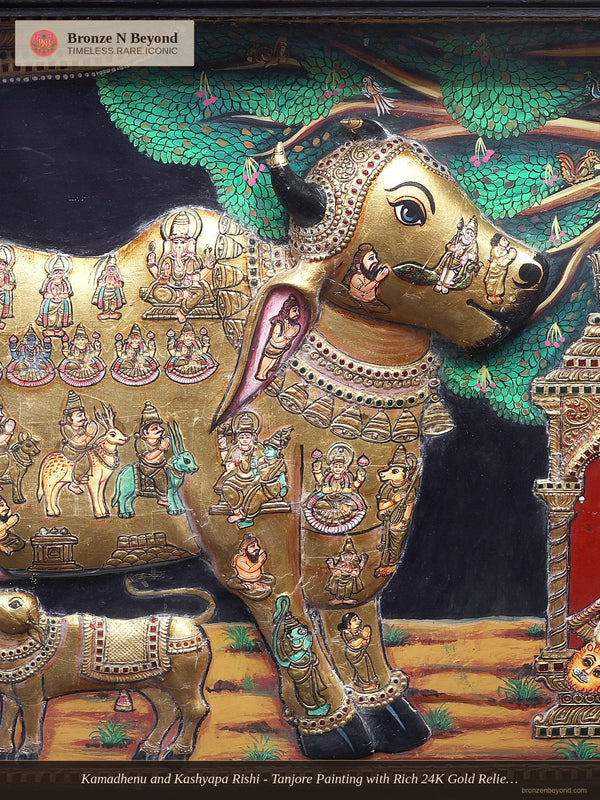Kamadhenu and Kashyapa Rishi - Tanjore Painting with Rich 24K Gold Relief and Classic Colours