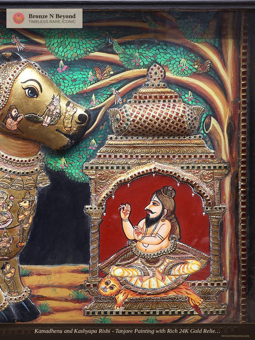 Kamadhenu and Kashyapa Rishi - Tanjore Painting with Rich 24K Gold Relief and Classic Colours