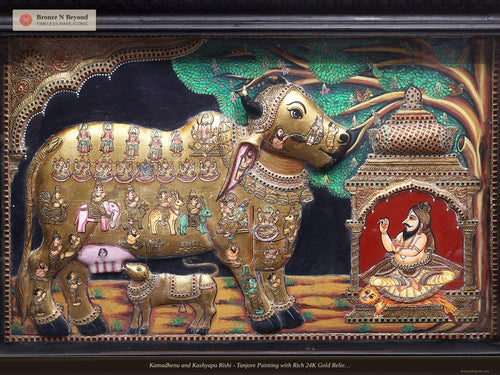 Kamadhenu and Kashyapa Rishi - Tanjore Painting with Rich 24K Gold Relief and Classic Colours