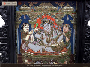 Bala Krishna with Attendants - Tanjore Painting with Hand-applied 24K Gold and Traditional Colours
