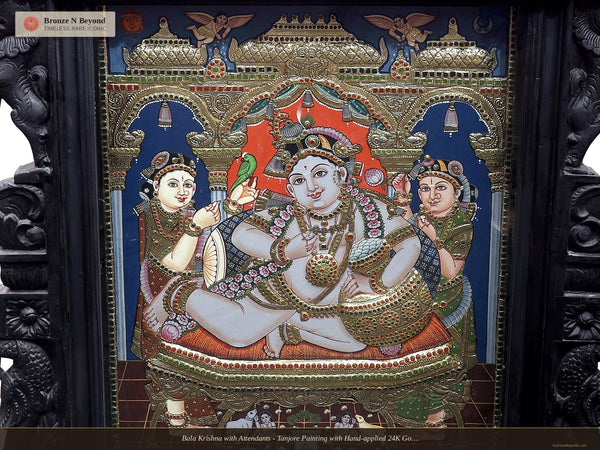 Bala Krishna with Attendants - Tanjore Painting with Hand-applied 24K Gold and Traditional Colours