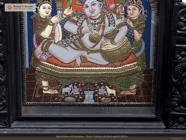 Bala Krishna with Attendants - Tanjore Painting with Hand-applied 24K Gold and Traditional Colours