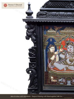 Bala Krishna with Attendants - Tanjore Painting with Hand-applied 24K Gold and Traditional Colours