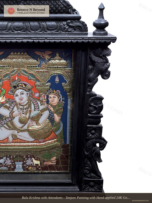 Bala Krishna with Attendants - Tanjore Painting with Hand-applied 24K Gold and Traditional Colours