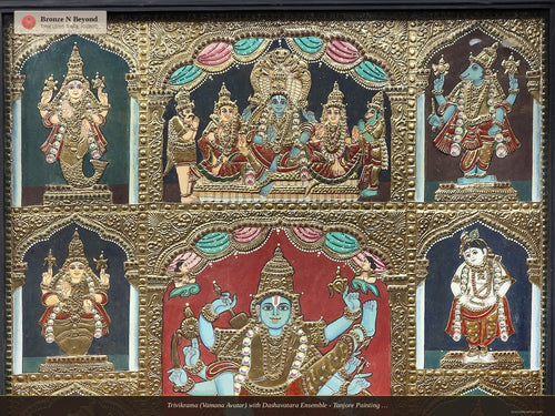Trivikrama (Vamana Avatar) with Dashavatara Ensemble - Tanjore Painting with Rich 24K Gold Relief