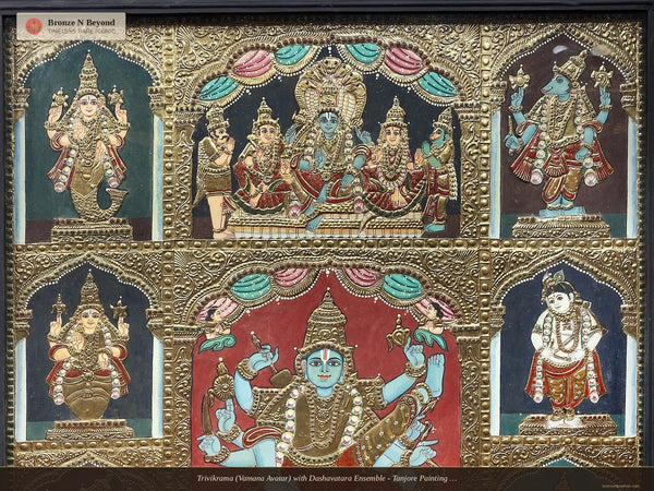Trivikrama (Vamana Avatar) with Dashavatara Ensemble - Tanjore Painting with Rich 24K Gold Relief