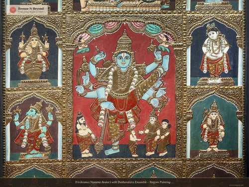 Trivikrama (Vamana Avatar) with Dashavatara Ensemble - Tanjore Painting with Rich 24K Gold Relief