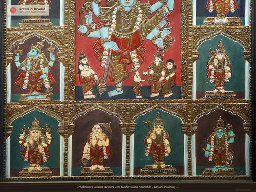 Trivikrama (Vamana Avatar) with Dashavatara Ensemble - Tanjore Painting with Rich 24K Gold Relief