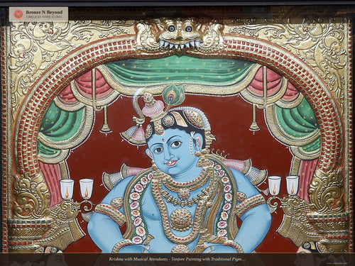 Krishna with Musical Attendants - Tanjore Painting with Traditional Pigments and 24K Gold