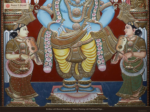 Krishna with Musical Attendants - Tanjore Painting with Traditional Pigments and 24K Gold