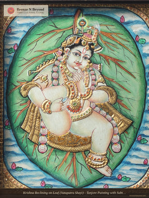 Krishna Reclining on Leaf (Vatapatra Shayi) - Tanjore Painting with Subtle 24K Gold Detailing and Classic Pigments
