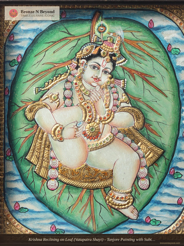 Krishna Reclining on Leaf (Vatapatra Shayi) - Tanjore Painting with Subtle 24K Gold Detailing and Classic Pigments