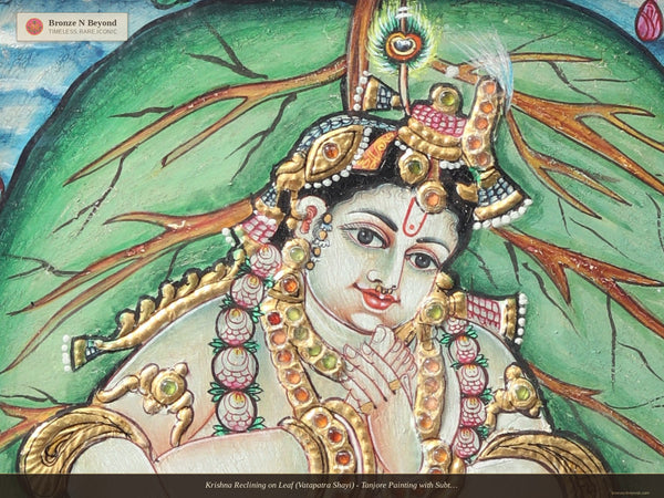 Krishna Reclining on Leaf (Vatapatra Shayi) - Tanjore Painting with Subtle 24K Gold Detailing and Classic Pigments
