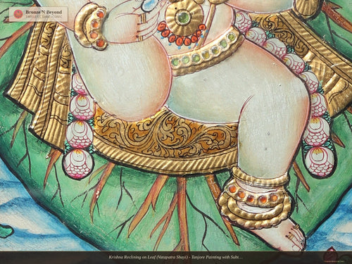 Krishna Reclining on Leaf (Vatapatra Shayi) - Tanjore Painting with Subtle 24K Gold Detailing and Classic Pigments