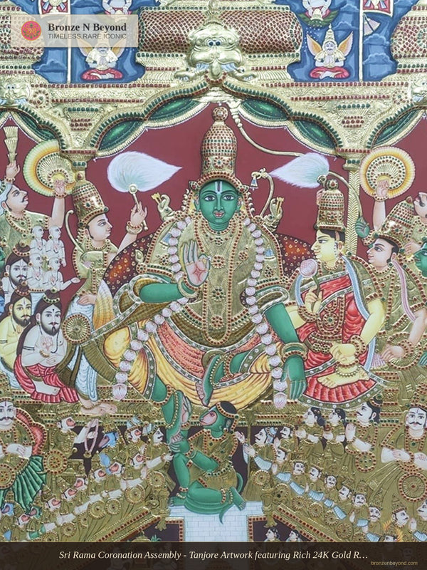 Sri Rama Coronation Assembly - Tanjore Artwork featuring Rich 24K Gold Relief and Heritage Color Palette