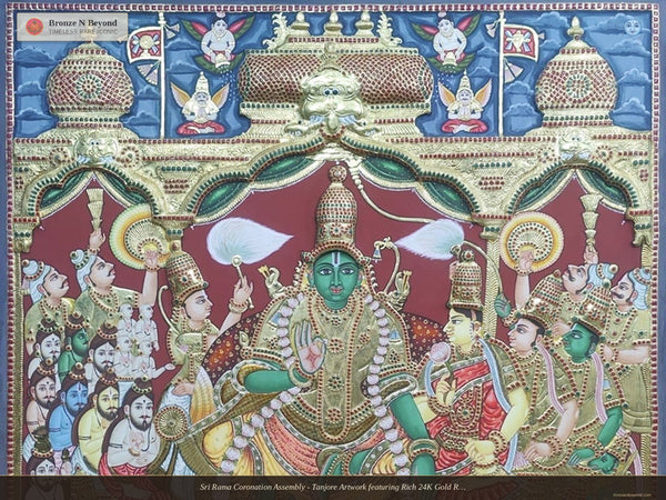 Sri Rama Coronation Assembly - Tanjore Artwork featuring Rich 24K Gold Relief and Heritage Color Palette