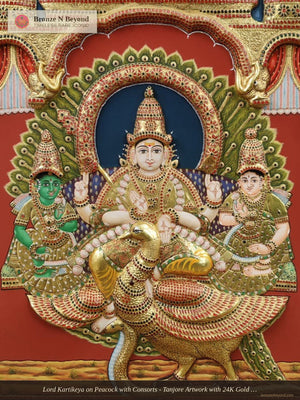 Lord Kartikeya on Peacock with Consorts - Tanjore Artwork with 24K Gold Embellishment and Classic Colours
