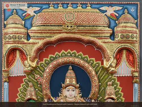 Lord Kartikeya on Peacock with Consorts - Tanjore Artwork with 24K Gold Embellishment and Classic Colours