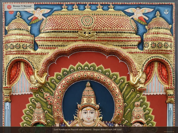 Lord Kartikeya on Peacock with Consorts - Tanjore Artwork with 24K Gold Embellishment and Classic Colours