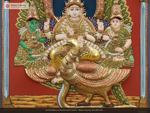 Lord Kartikeya on Peacock with Consorts - Tanjore Artwork with 24K Gold Embellishment and Classic Colours