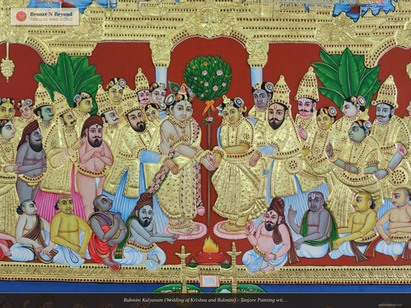 Rukmini Kalyanam (Wedding of Krishna and Rukmini) - Tanjore Painting with Traditional Pigments and 24K Gold