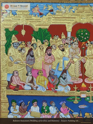 Rukmini Kalyanam (Wedding of Krishna and Rukmini) - Tanjore Painting with Traditional Pigments and 24K Gold