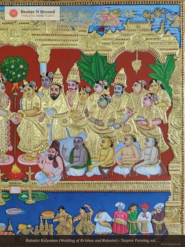 Rukmini Kalyanam (Wedding of Krishna and Rukmini) - Tanjore Painting with Traditional Pigments and 24K Gold