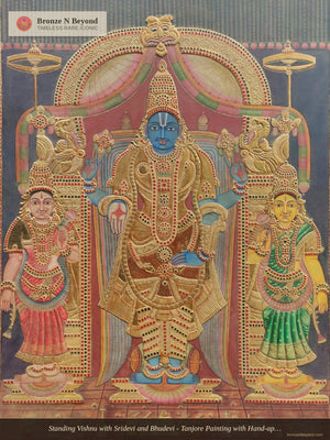 Standing Vishnu with Sridevi and Bhudevi - Tanjore Painting with Hand-applied 24K Gold and Classic Tones