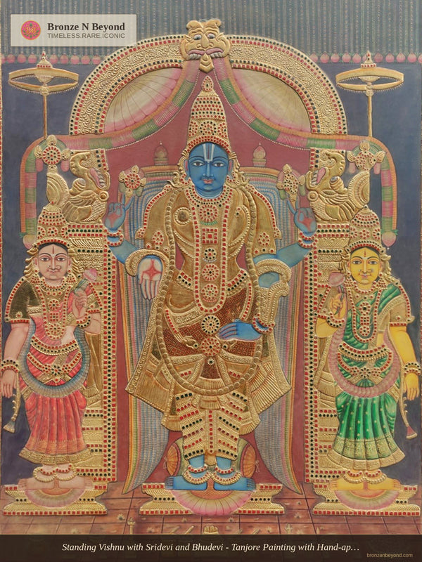 Standing Vishnu with Sridevi and Bhudevi - Tanjore Painting with Hand-applied 24K Gold and Classic Tones