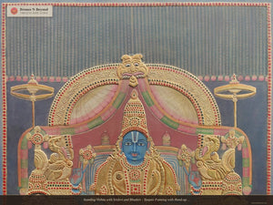 Standing Vishnu with Sridevi and Bhudevi - Tanjore Painting with Hand-applied 24K Gold and Classic Tones