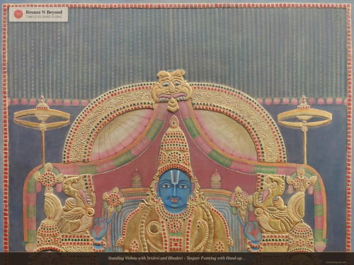Standing Vishnu with Sridevi and Bhudevi - Tanjore Painting with Hand-applied 24K Gold and Classic Tones