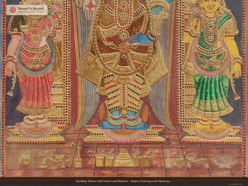 Standing Vishnu with Sridevi and Bhudevi - Tanjore Painting with Hand-applied 24K Gold and Classic Tones