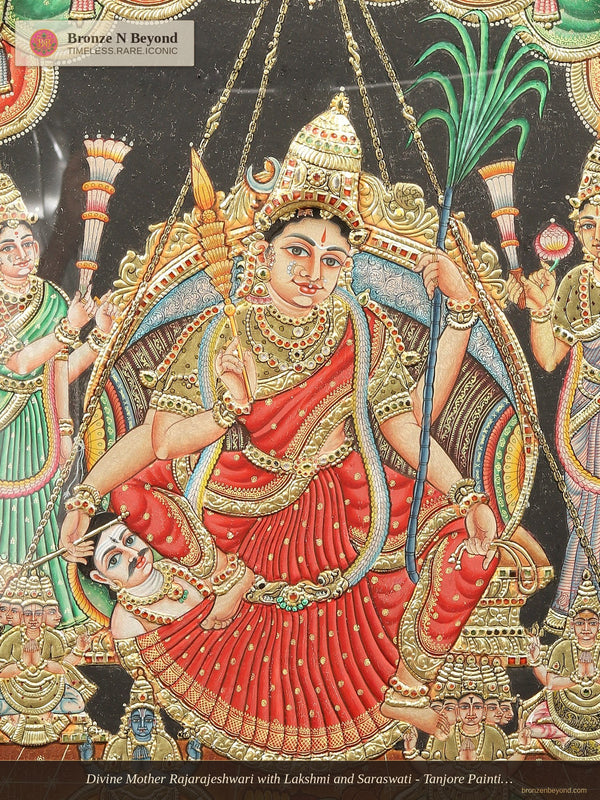 Divine Mother Rajarajeshwari with Lakshmi and Saraswati - Tanjore Painting with Hand-applied 24K Gold and Traditional Colours