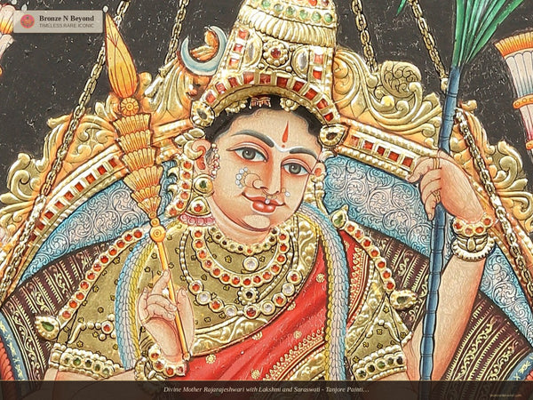 Divine Mother Rajarajeshwari with Lakshmi and Saraswati - Tanjore Painting with Hand-applied 24K Gold and Traditional Colours